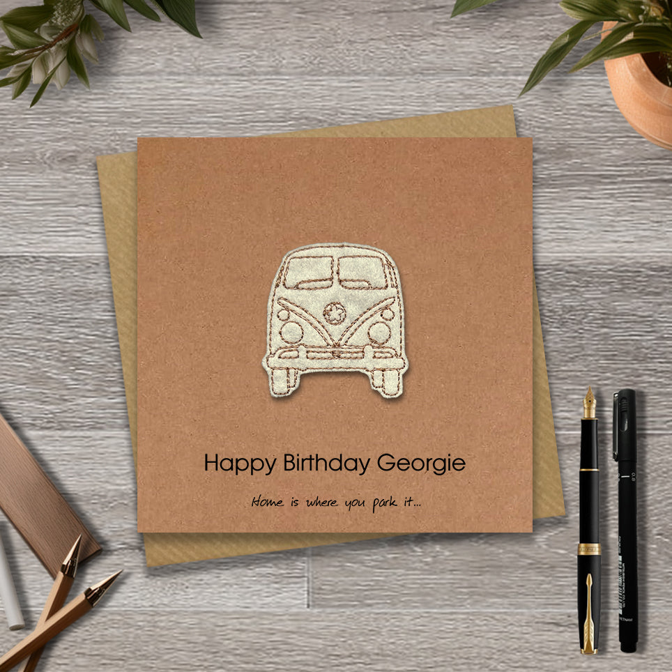 Kraft Birthday card with embroidered campervan design and personalised text