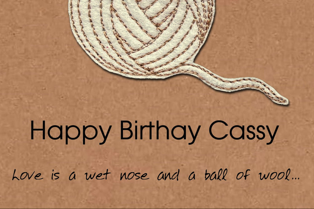 Personalised Cat Ball of Wool Birthday Card, Embroidered Decal, Minimalist Design, Kraft Eco Friendly Gift Card