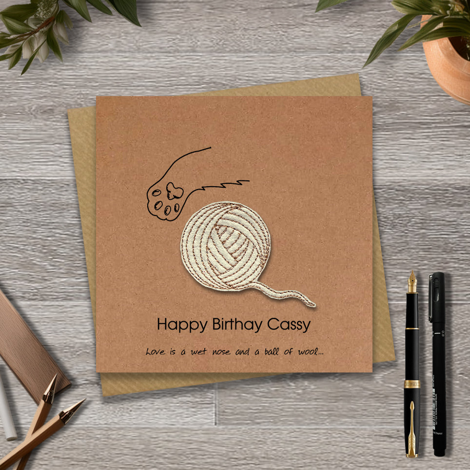 Kraft Birthday card with a ball of yarn design and personalised text