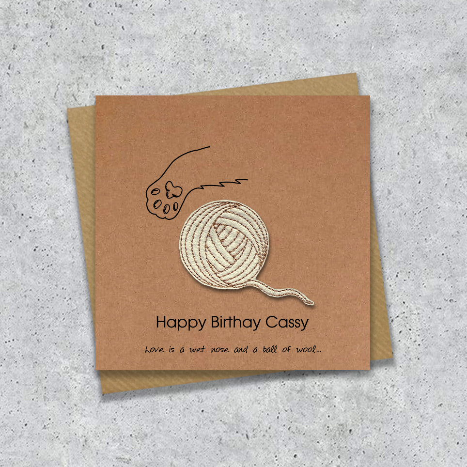 Kraft Birthday card with a ball of yarn design and personalised text