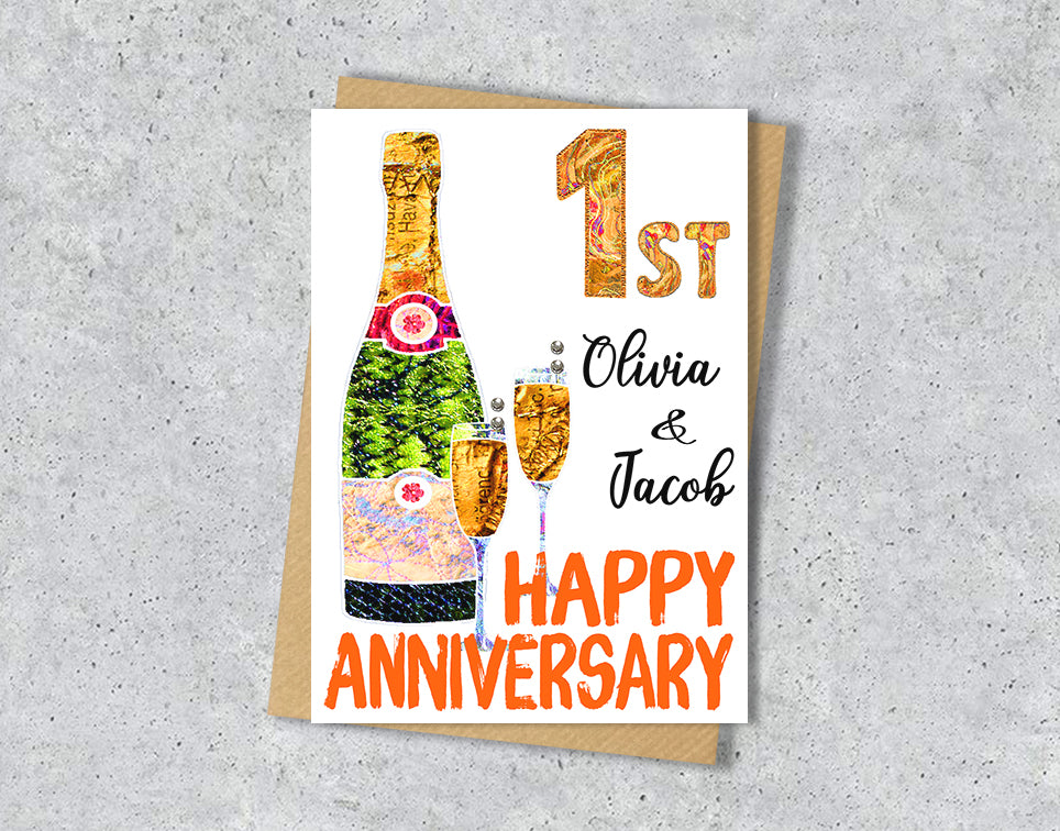 1st anniversary cards with champagne bottle and glass illustrations with personalised text.