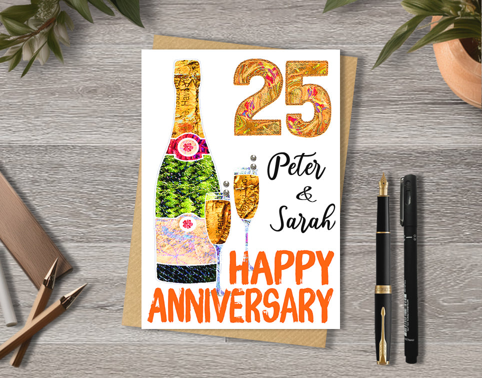 25th anniversary cards with champagne bottle and glass illustrations with personalised text.