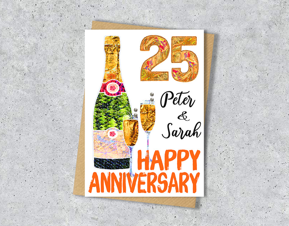 25th anniversary cards with champagne bottle and glass illustrations with personalised text.