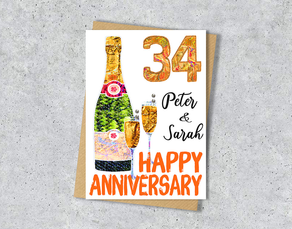 34th anniversary cards with champagne bottle and glass illustrations with personalised text.