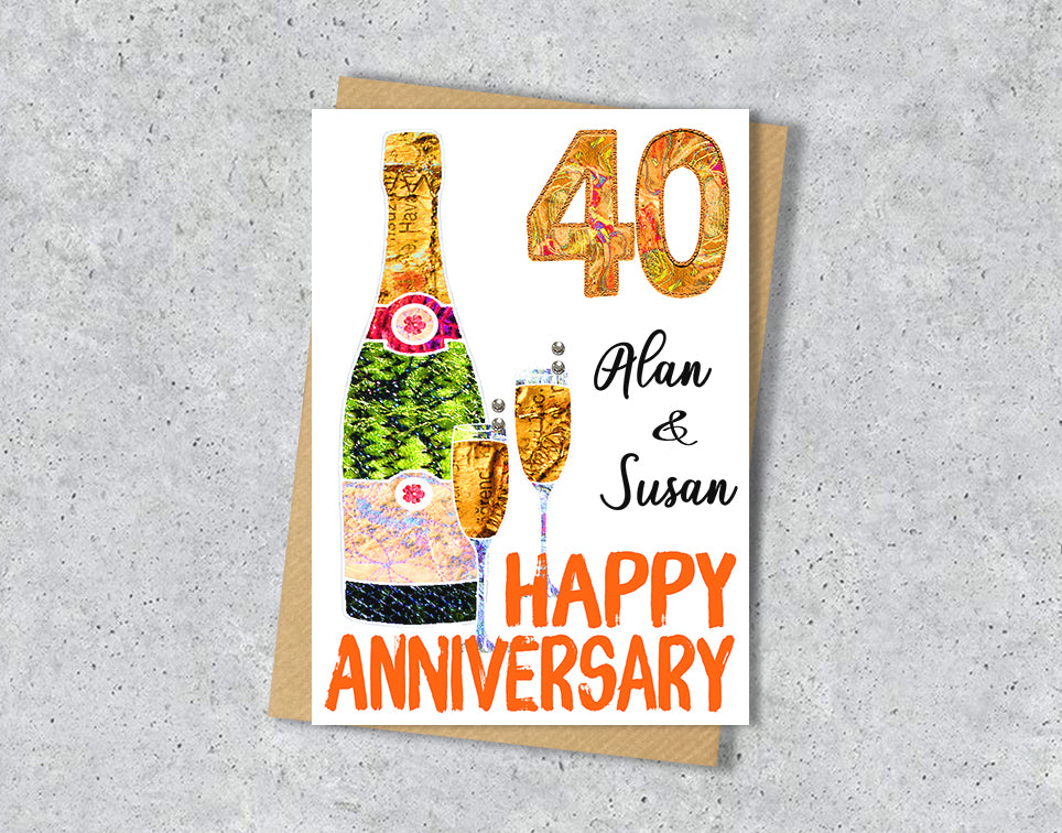 40th anniversary cards with champagne bottle and glass illustrations with personalised text.