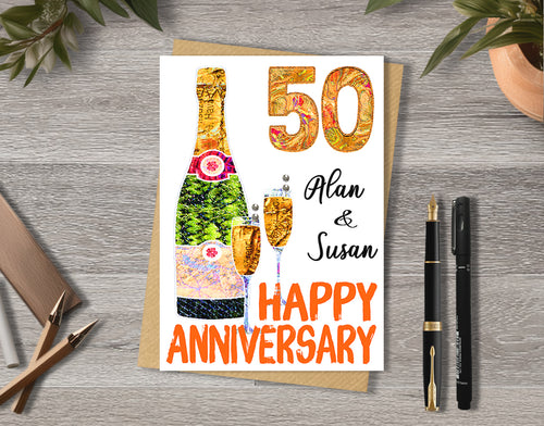50th anniversary cards with champagne bottle and glass illustrations with personalised text.