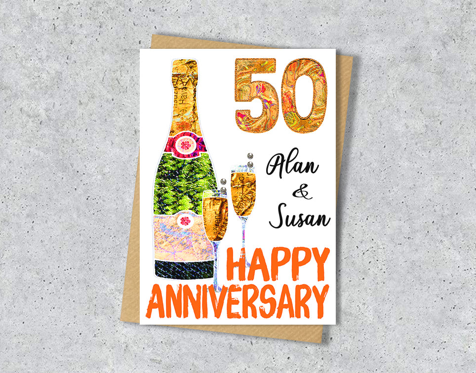 50th anniversary cards with champagne bottle and glass illustrations with personalised text.