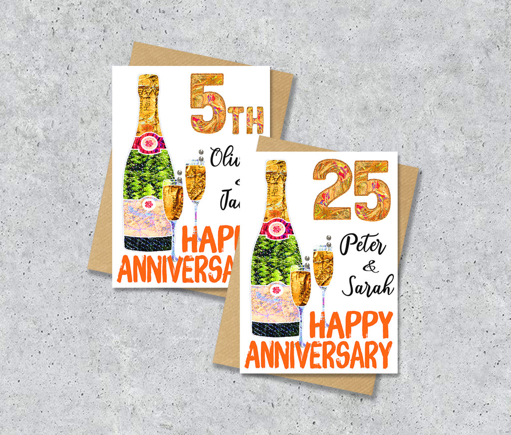 5th and 25th Anniversary cards with champagne bottle and glass illustrations with personalised text.