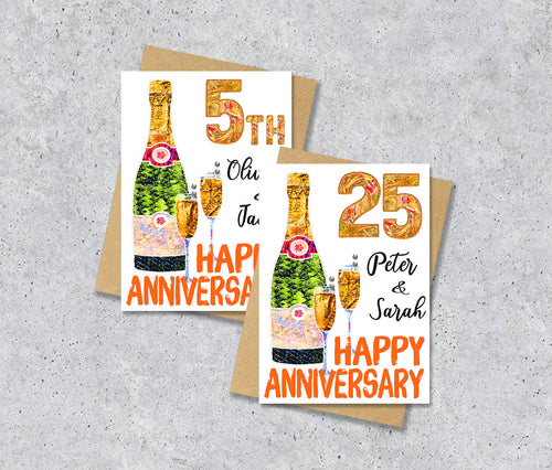 5th and 25th Anniversary cards with champagne bottle and glass illustrations with personalised text.