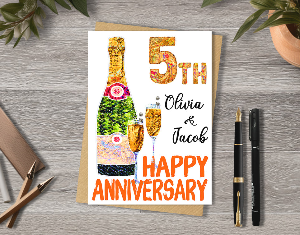 50th anniversary cards with champagne bottle and glass illustrations with personalised text.