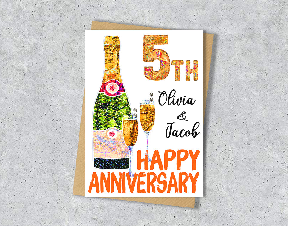 5th anniversary cards with champagne bottle and glass illustrations with personalised text.