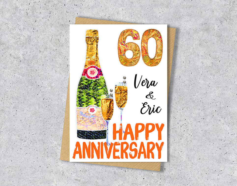 60th anniversary cards with champagne bottle and glass illustrations with personalised text.