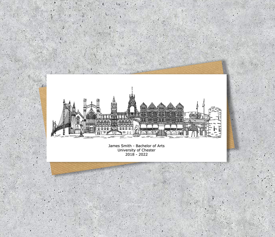 Chester Skyline Graduation or Housewarming Card, Personalised, Chester landmarks, Black White, Red Hearts