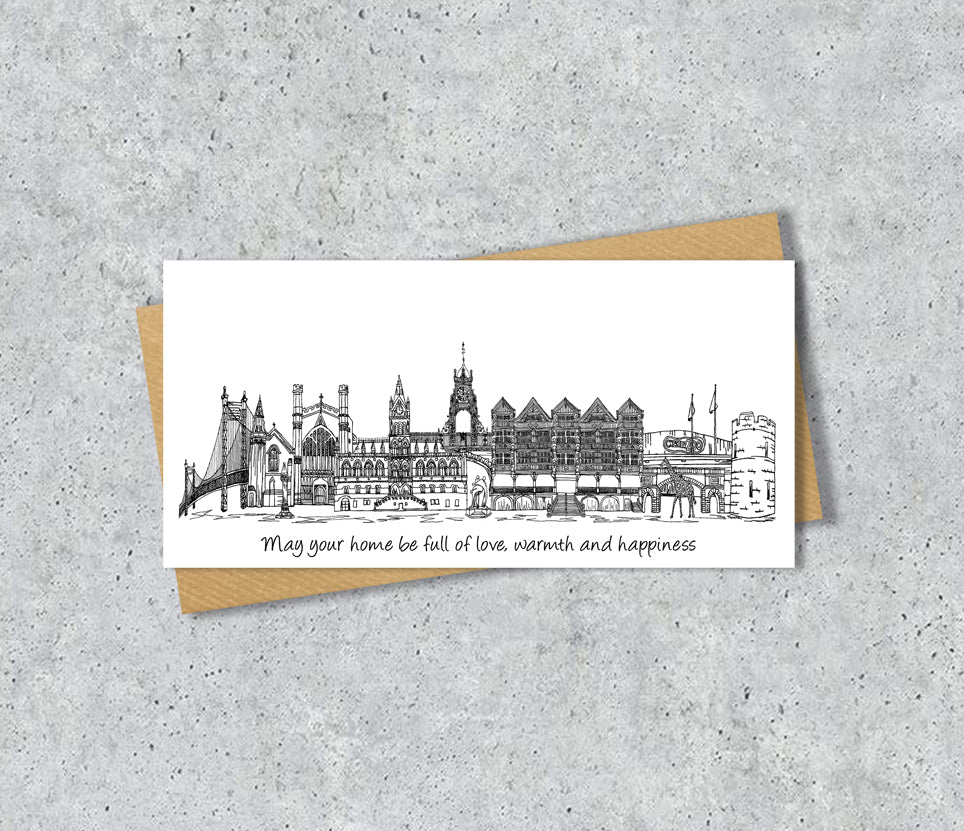 Chester Skyline Graduation or Housewarming Card, Personalised, Chester landmarks, Black White, Red Hearts