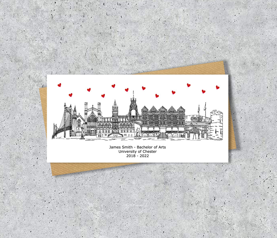 Chester Skyline Graduation or Housewarming Card, Personalised, Chester landmarks, Black White, Red Hearts