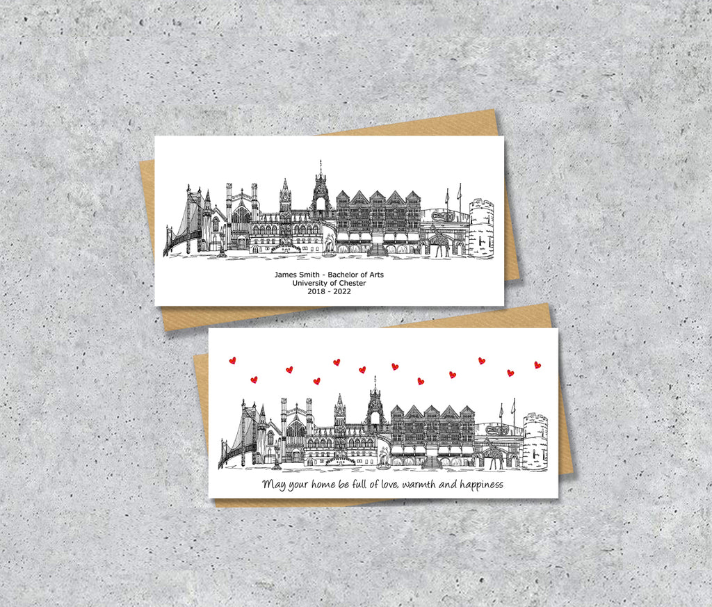 Chester Skyline Graduation or Housewarming Card, Personalised, Chester landmarks, Black White, Red Hearts