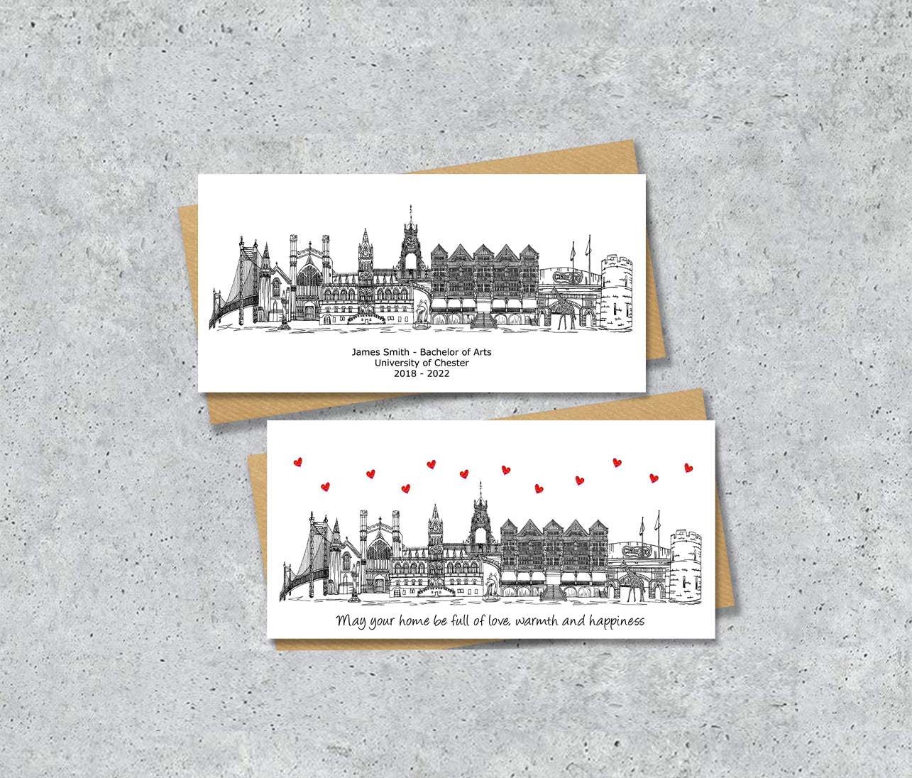Chester Skyline Graduation or Housewarming Card, Personalised, Chester landmarks, Black White, Red Hearts
