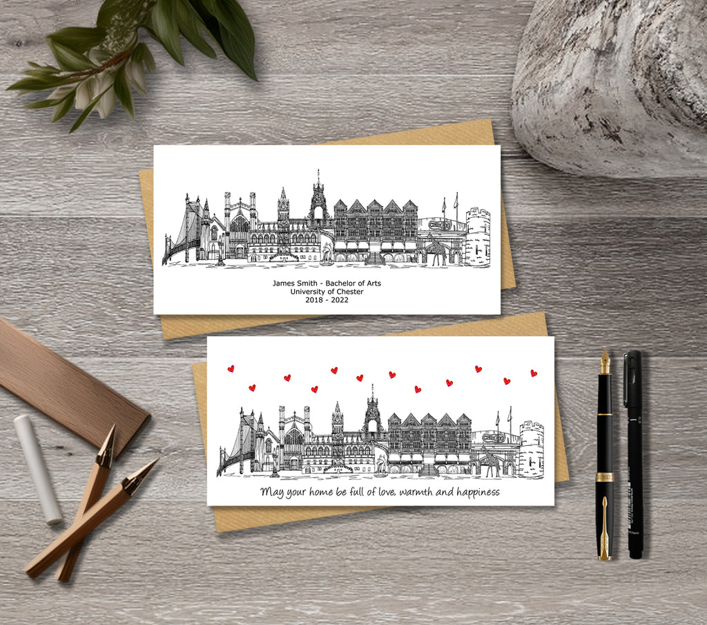 Chester Skyline Graduation or Housewarming Card, Personalised, Chester landmarks, Black White, Red Hearts