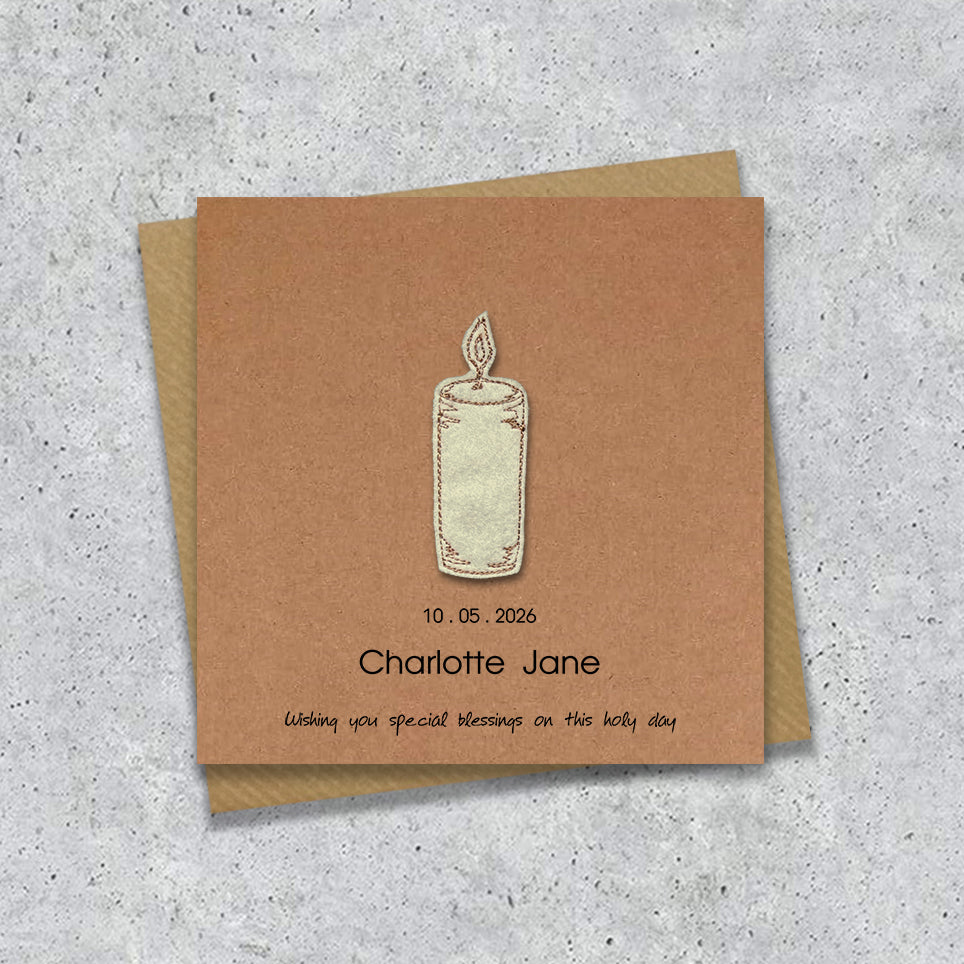 Kraft christening holy communion card with a embroidered candle design and personalised text