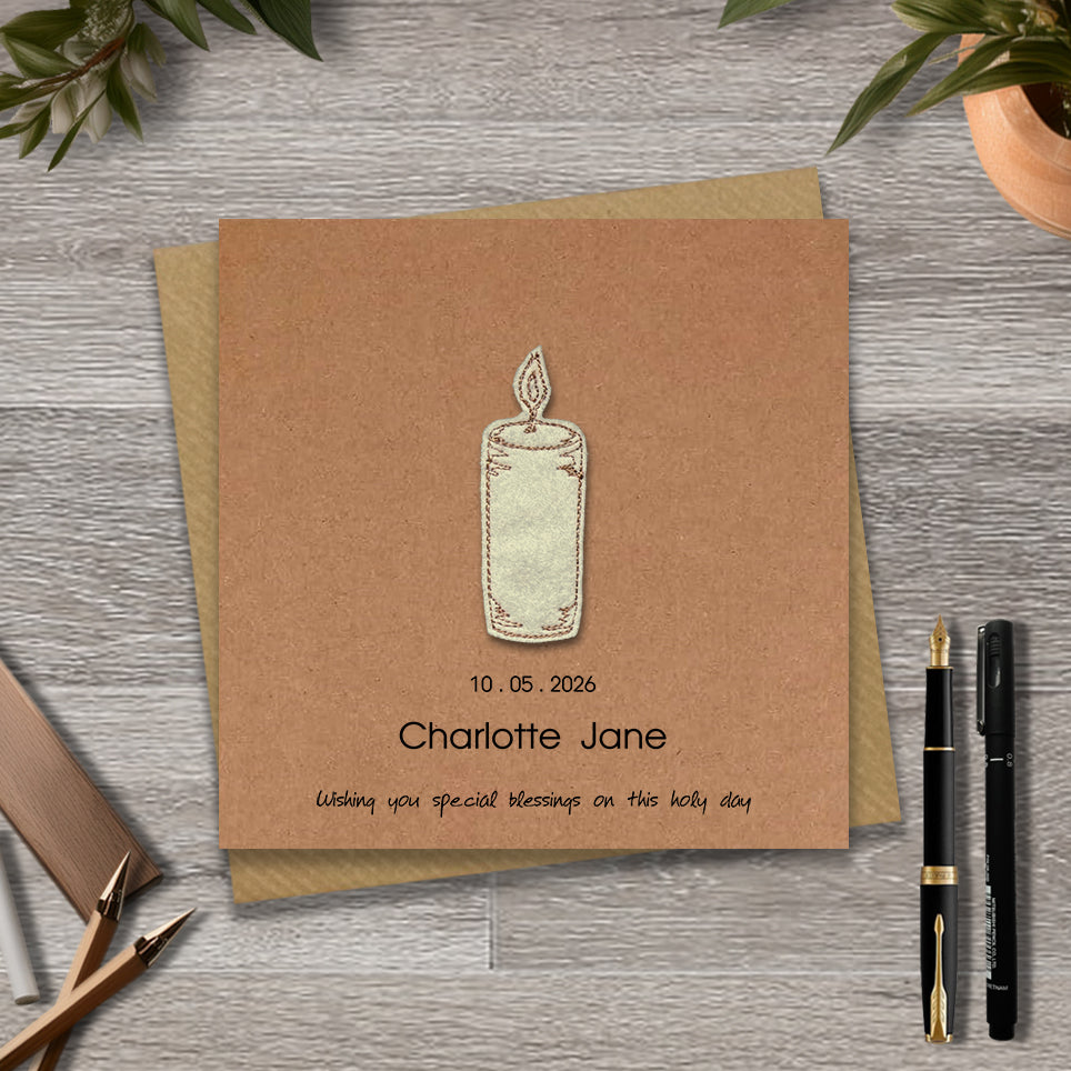 Kraft christening holy communion card with a embroidered candle design and personalised text