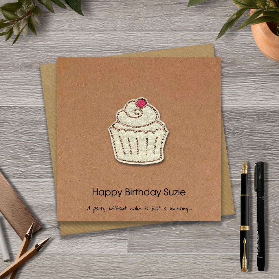 Kraft Birthday card with embroidered cupcake design and personalised text