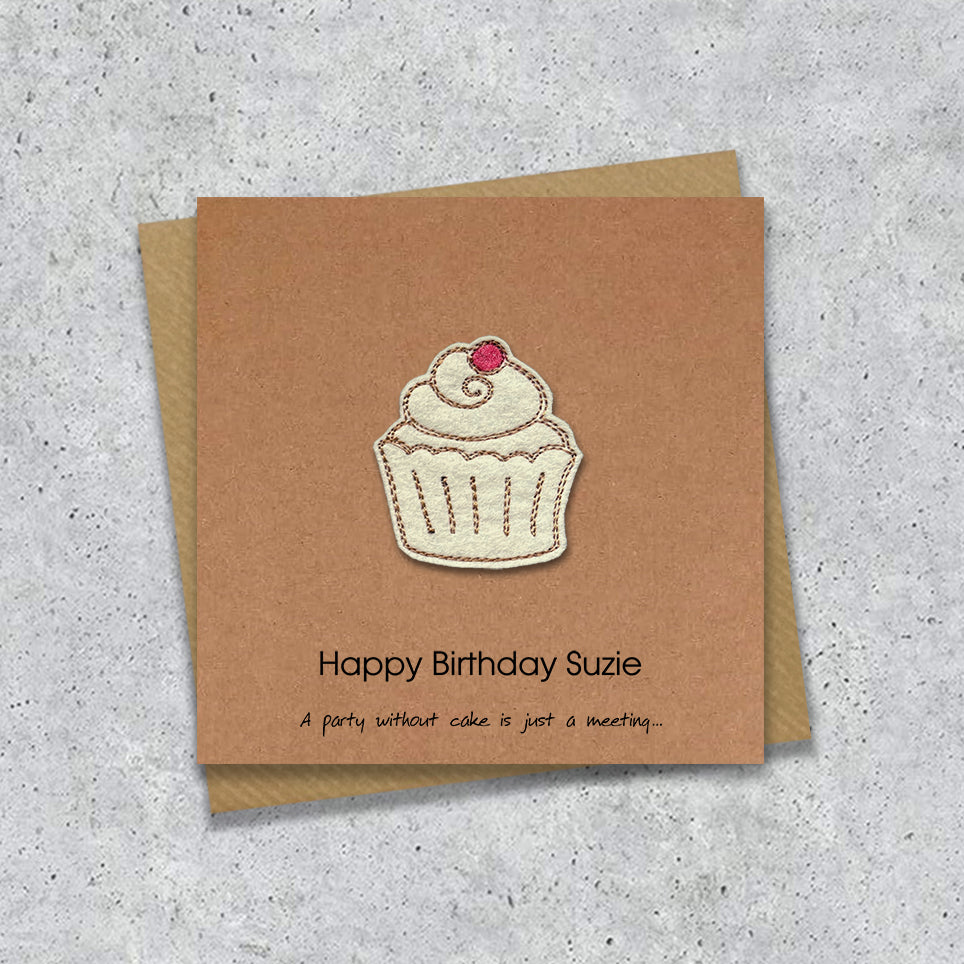 Kraft Birthday card with embroidered cupcake design and personalised text