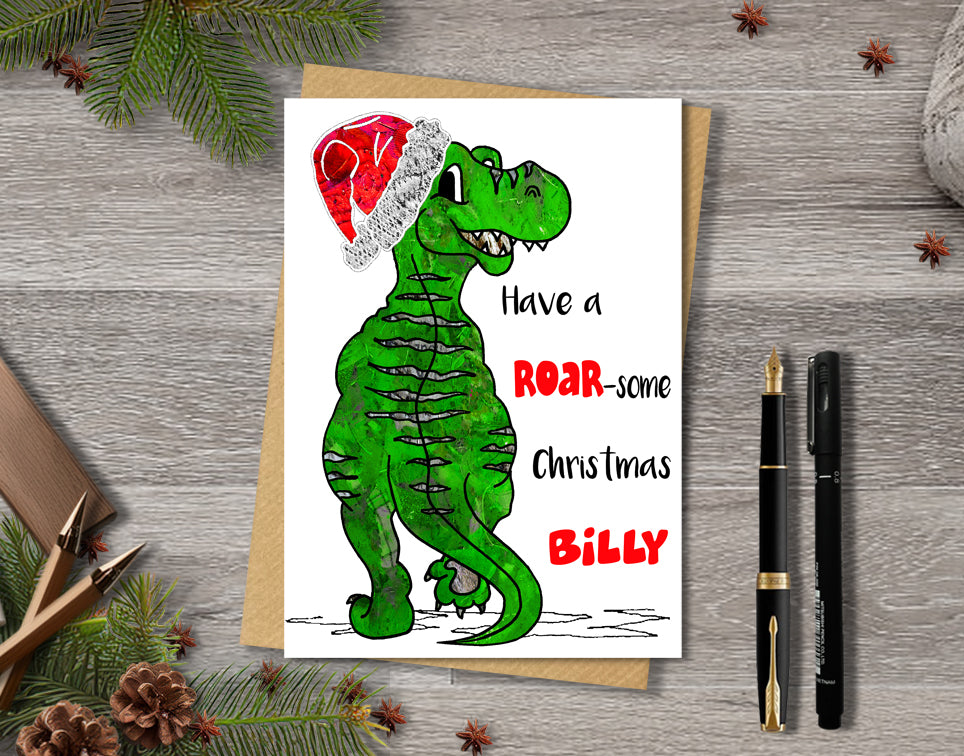 Dinosaur Christmas Card, A5 Personalised Greeting Card