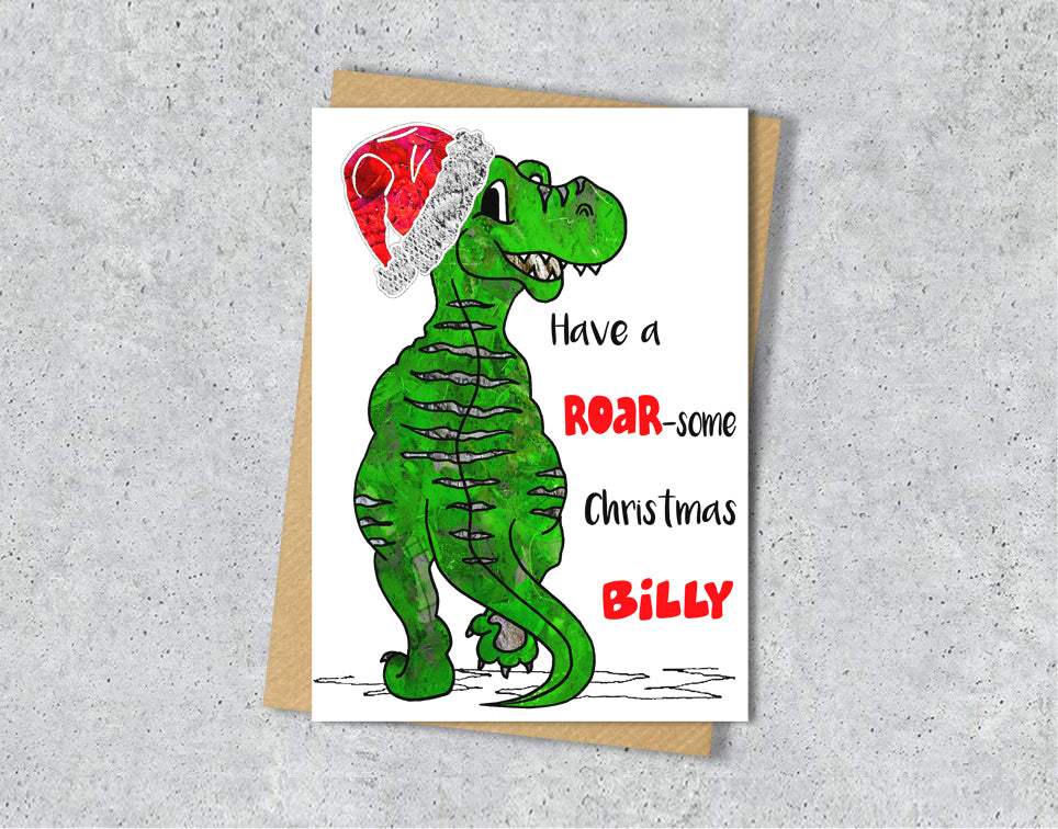 Dinosaur Christmas Card, A5 Personalised Greeting Card