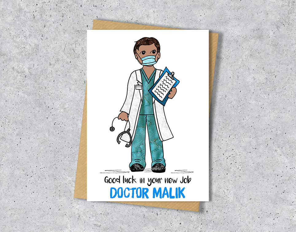 Greeting card with a doctor illustration with green scrubs with personalised text.