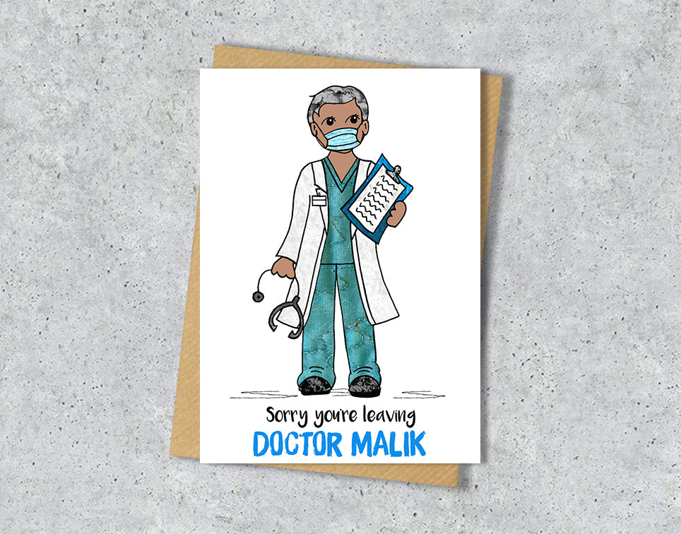 Greeting card with a doctor illustration with green scrubs with personalised text.