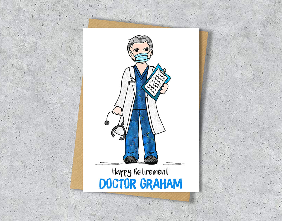Greeting card with a doctor illustration with blue scrubs with personalised text.