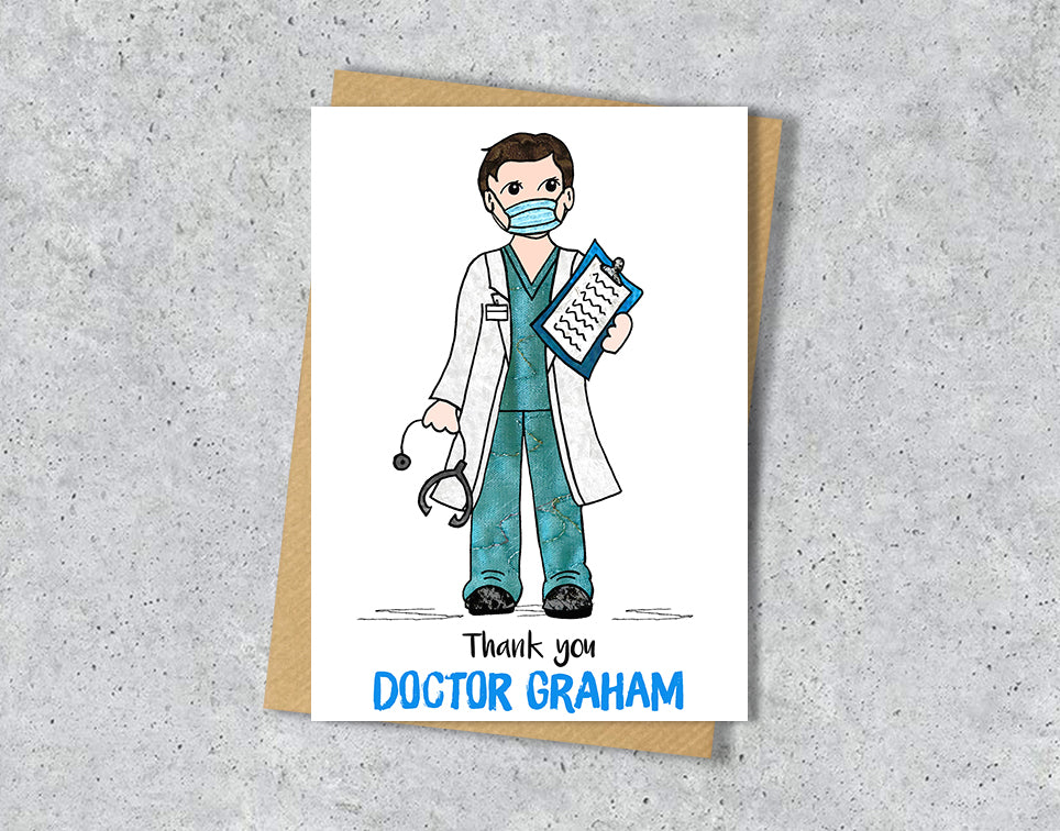Greeting card with a doctor illustration with green scrubs with personalised text.