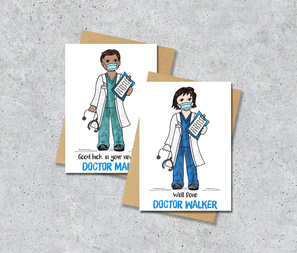 Two greeting cards featuring illustrations of doctors with personalised text.