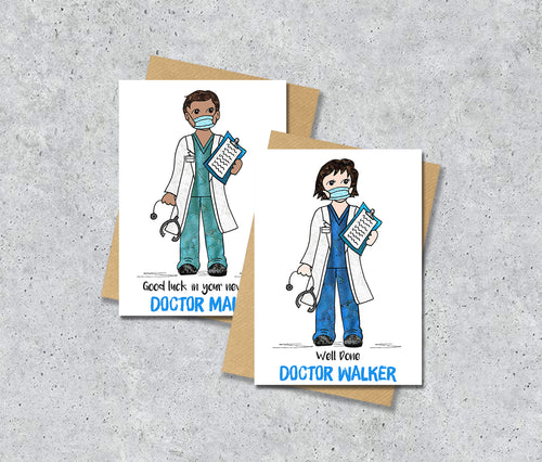 Two greeting cards featuring illustrations of doctors with personalised text.
