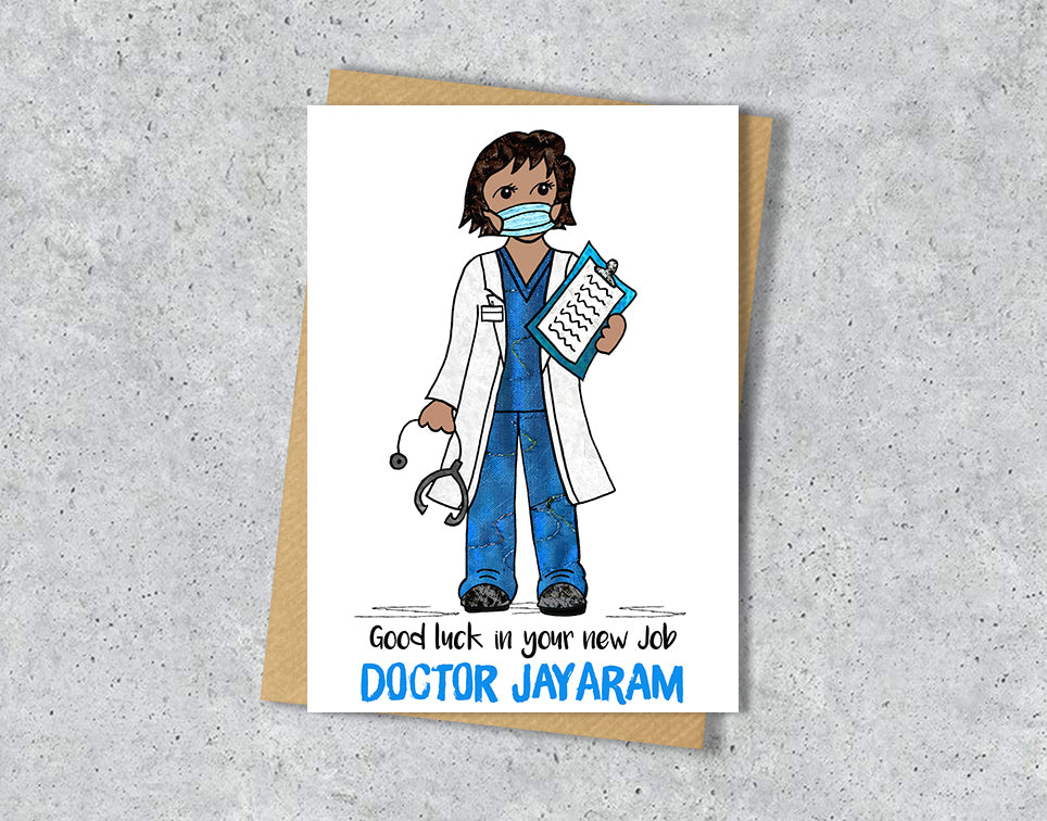 Greeting card with a doctor illustration with blue scrubs with personalised text.