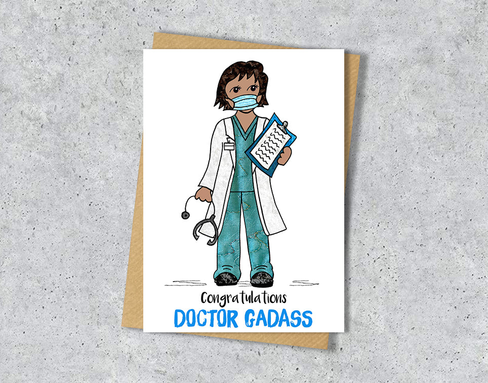 Greeting card with a doctor illustration with green scrubs with personalised text.