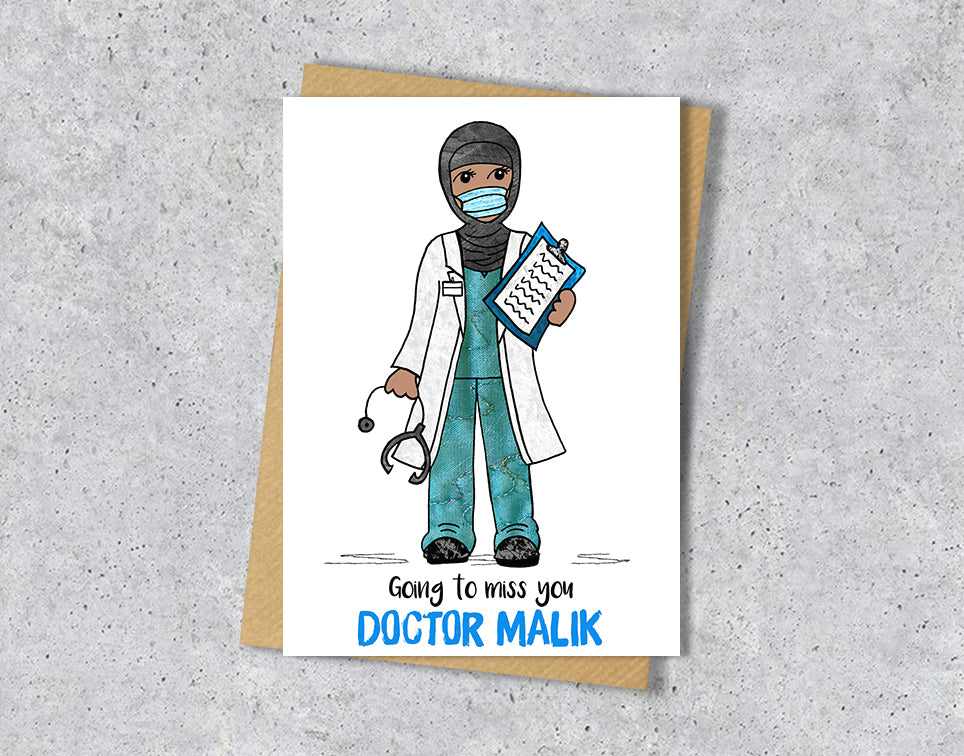 Greeting card with a doctor illustration with blue scrubs and hijab with personalised text.