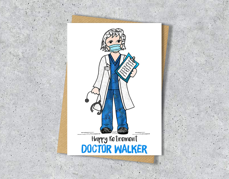 Greeting card with a doctor illustration with blue scrubs with personalised text.