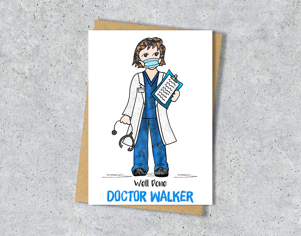 Greeting card with a doctor illustration with blue scrubs with personalised text.