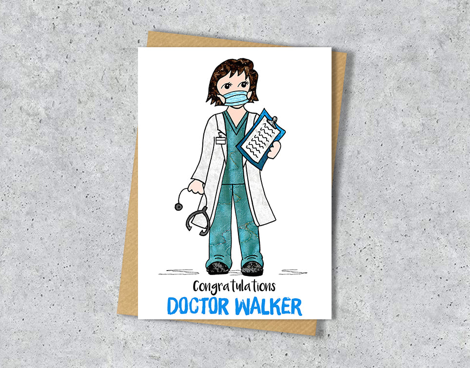 Greeting card with a doctor illustration with green scrubs with personalised text.