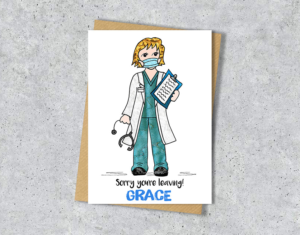 Greeting card with a doctor illustration with green scrubs with personalised text.