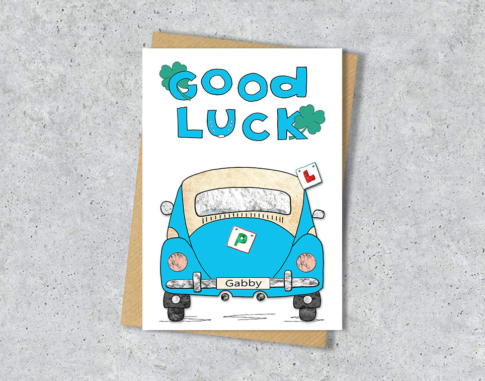 Driving test greeting card with a blue car illustration and 'Good Luck Gabby' text.