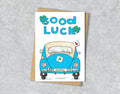 Driving test greeting card with a blue car illustration and 'Good Luck Gabby' text.