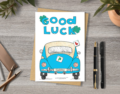 Driving test greeting card with a blue car illustration and 'Good Luck Gabby' 