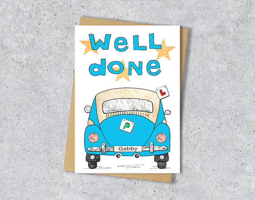 Driving test pass greeting card with a blue car illustration and 'Well done Gabby' text.