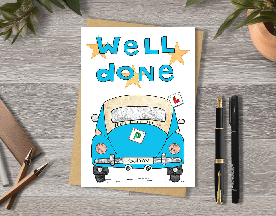 Driving test pass greeting card with a blue car illustration and 'Well done Gabby' text.