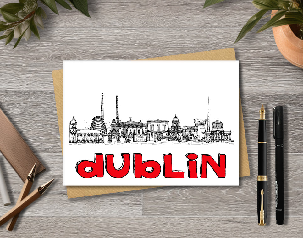 Dublin Skyline, Black, White and Red A6 Card