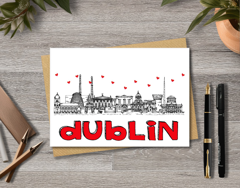 Dublin Skyline, Black, White and Red A6 Card