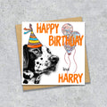 Birthday card with a Dalmatian wearing a party hat and balloons, with personalised text.