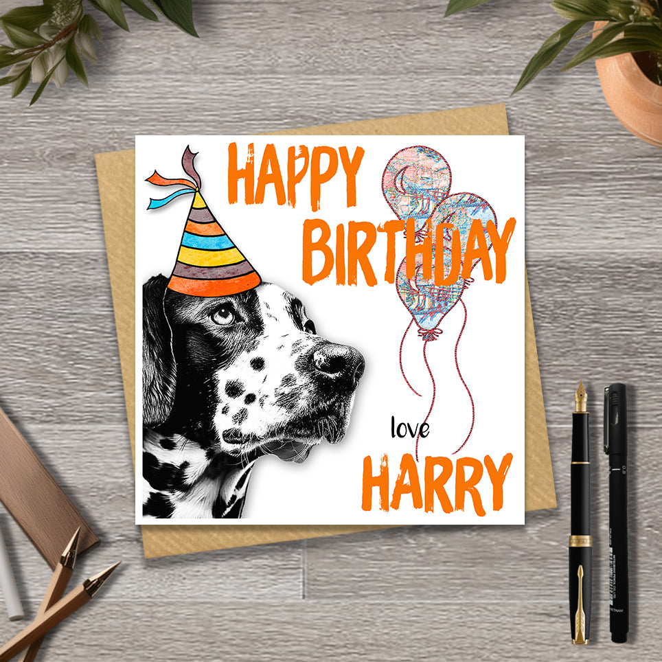 Birthday card with a Dalmatian wearing a party hat and balloons, with personalised text.